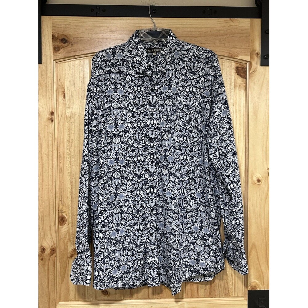 Stetson Western Shirt Men’s Long Sleeve Button Up Dark Blue White Floral 2XL